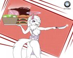 2023 anthro apron battle_wolf big_breasts black_sclera breasts burger butt canid canine canis clothing danielssj digital_media_(artwork) female food hair halo hi_res knife mammal markings meat neck_tuft open_mouth panties pink_eyes salad solo toriko_(series) tray tuft underwear white_hair wolf