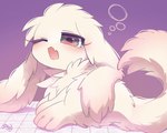 2024 3_toes 5:4 ambiguous_gender blush colored cute_fangs digital_media_(artwork) eyelashes feet feral floppy_ears fluffy fluffy_ears fluffy_tail full-length_portrait fur head_tuft hi_res inochi_(mekkyaru) kemono lagomorph long_ears looking_at_viewer looking_back looking_back_at_viewer lop_ears lying mammal mekkyaru monotone_body monotone_fur monotone_tail neck_tuft on_side one_eye_closed open_mouth paws pink_eyes portrait pupils purple_background shaded signature simple_background solo tail tired toes tuft white_body white_ears white_fur white_tail yawn