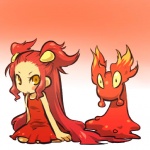 1:1 abstract_background alternate_species clothing cosplay dress duo elemental_creature female fire generation_2_pokemon gradient_background hair hitec human humanized kneeling lava lava_creature mammal mineral_fauna moemon nintendo pokemon pokemon_(species) red_hair simple_background sleeveless slugma warm_colors yellow_eyes