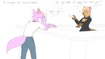 16:9 anthro blonde_hair bottomwear breasts canid canine canis cleavage clothed clothing denim denim_bottomwear denim_clothing dialogue domestic_dog duo el_brapitto english_text female hair hi_res jeans kevin_(el_brapitto) male mammal mustelid otter pants pink_body receptionist text widescreen