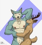 anthro antlers armpit_fetish armpit_sniffing beastars brown_body butt canid canine delta_dewitt digital_media_(artwork) duo fur genitals hi_res horn legoshi_(beastars) louis_(beastars) male male/male mammal muscular muscular_male musk nipples nude penis penis_base simple_background smile sniffing tail