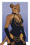 2:3 anthro armwear bottomwear breasts cleavage clothed clothing deskmaniac digital_media_(artwork) disney dress felid female fingers fur hi_res hollow_hip_backless_chain_dress lion looking_at_viewer mammal mature_anthro mature_female pantherine sarabi_(the_lion_king) simple_background smile solo standing tail the_lion_king topwear