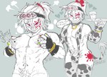 albino animal_print bodily_fluids bulge clothed clothing cow_print glass_of_milk hi_res humanoid lactating male male_lactation milk shonencore skimpy smile solo tail tail_tuft tailed_humanoid teeth tuft