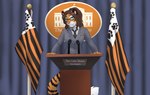 2024 absurd_res alex_marx anthro brown_hair clothed clothing countershading digital_media_(artwork) eyewear fangs felid female flag fur glasses green_eyes hair hi_res jailbird looking_at_viewer male mammal necktie pantherine podium ponytail prehistoric_species president saber-toothed_tiger solo striped_body striped_fur stripes suit teeth tiger white_house