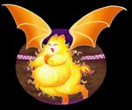 alpha_channel anthro armless bat batafire_(kirby) belly big_belly cat_smile circle_background elemental_creature eyes_closed female fire fire_body fire_creature flaming_tail fluffy flying kirby_and_the_amazing_mirror mammal navel obese open_mouth orange_wings outline overweight pester simple_background solo spread_wings tail transparent_background white_outline wings yellow_body