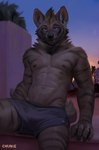 anthro bottomwear brown_body brown_fur chunie claws clothed clothing dusk fur hi_res hyena looking_at_viewer male male_anthro mammal muscular neck_tuft night shirtless shorts sitting smile snaggle_tooth solo topless tuft urban