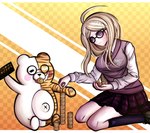 2016 accessory ahoge ambiguous_gender anthro bear black_eyes blonde_hair blush blush_stickers bodily_fluids bottomwear breasts brown_stripes checkered checkered_background clothed clothing coin danganronpa danganronpa_v3 digital_media_(artwork) dress_shirt duo eyebrows eyelashes eyewear featureless_crotch female footwear fully_clothed genetic_chimerism glasses gold_(metal) gold_coin hair hair_accessory hairpin holding_coin holding_object human kaede_akamatsu knee_highs knee_socks kneeling ktokei legwear light_body light_skin long_hair mammal monokubs monosuke navel nude object_in_mouth on_ground pacifier pacifier_in_mouth pattern_background print_bottomwear print_clothing print_skirt purple_eyes shirt simple_background sitting size_difference skirt socks spike_chunsoft split_color striped_body stripes sweat teeth topwear vest white_background white_body yellow_background yellow_body