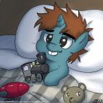 1:1 bed blue_body blue_fur brown_hair digital_media_(artwork) equid equine feral friendship_is_magic fur furniture hair hasbro horn john_joseco male mammal my_little_pony mythological_creature mythological_equine mythology pillow shaded snips_(mlp) solo teeth toy train unicorn unicorn_horn vehicle