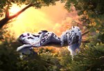 anthro branch dusk felid feline female female/female fluffy fluffy_tail forest hi_res laffisa leopard leopard_spots light mammal pantherine plant relaxing snow_leopard solo spots summer sun sunset tail tree twilight