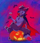 ambiguous_gender anthro bats_in_background bicolored_clothing blood blood_in_glass blood_on_face bodily_fluids canid canine claws clothing coat dracula eastern_european eddy_fox_crossfox eyewear food for_a_head fox fruit fur glass glasses hair holding_eyewear holding_glasses holding_object jack-o'-lantern jaylacine laugh male mammal multicolored_body multicolored_fur multicolored_hair multicolored_tail noble object_head plant pumpkin pumpkin_head purple_body purple_eyes purple_fox purple_fur red_body red_fur sitting sitting_on_pumpkin solo tail teeth_showing topwear vampire vampire_costume vampirism