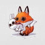 1:1 alex_solis ambiguous_gender blood bodily_fluids canid canine chibi duo feral fox gore happy lagomorph leporid mammal outside painless_gore rabbit size_difference snow what