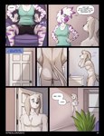 2018 5_fingers anthro balls bathroom big_breasts black_border black_nose blue_eyes border bottomwear breasts butt canid canine canis casual_nudity chair chest_tuft cleavage clothed clothed/nude clothed_female clothing comic conditional_dnp dialogue diamond_(kadath) digital_media_(artwork) domestic_dog duo ear_piercing english_text equid equine eyes_closed female fingers flaccid foreskin fur furniture genitals hair hi_res highlights_(coloring) humanoid_genitalia humanoid_hands humanoid_penis hunting_dog inside kadath living_room male mammal navel nipples nude on_chair peeing penis piercing purple_highlights purple_stripes saluki sebastian_(kadath) shirt shorts sighthound sink sitting sitting_on_chair smile speech_bubble spots standing striped_body striped_fur stripes tank_top text toilet tongue topwear tuft url water white_body white_fur white_hair zebra