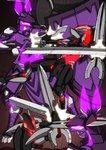 2018 absurd_res ambiguous_gender anthro armor battle black_body colored comic dialogue dialogue_box hi_res in_our_shadow kitfox-crimson machine melee_weapon purple_body purple_glow red_glow robot shield speech_bubble sword weapon