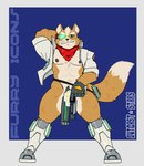 2024 abs anthro areola artist_name barazoku black_clothing black_gloves black_handwear blue_background boots border bottomless bottomless_anthro bottomless_male canid canine clothed clothing covering covering_crotch covering_self english_text eyebrows footwear fox fox_mccloud front_view fur gloves green_eyes gun hair hand_behind_head handgun handwear hi_res holding_gun holding_object holding_ranged_weapon holding_weapon jacket kerchief looking_at_viewer male mammal muscular muscular_anthro muscular_male navel neckerchief nintendo nipples open_clothing open_shirt open_topwear outcast-stars pecs pinup pistol pose ranged_weapon red_kerchief shirt shoes simple_background smile solo standing star_fox text topwear tuft visor weapon whiskers white_boots white_border white_clothing white_footwear white_jacket white_topwear