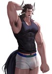 abs absurd_res animal_humanoid arknights armpit_hair body_hair bovid bovid_humanoid bovine bovine_humanoid boxer_briefs brown_hair bulge cattle_humanoid clothing detailed_bulge genital_outline hair hi_res horn humanoid hypergryph male mammal mammal_humanoid matterhorn_(arknights) muscular muscular_male one_eye_closed open_mouth pecs penis_outline portrait pubes shirt simple_background solo studio_montagne tail tank_top three-quarter_portrait topwear translucent translucent_clothing underwear white_background xiaohong723 yawn