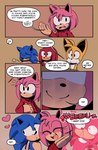 amy_rose anthro blue_body blue_fur canid canine chepalosaur clothed clothing comic dialogue eulipotyphlan female fox fur group heart_symbol hedgehog hi_res inside knuckles_the_echidna male mammal miles_prower pink_body pink_fur red_body red_fur sega sonic_the_hedgehog sonic_the_hedgehog_(series) speech_bubble yellow_body yellow_fur