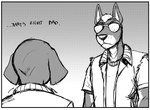 2023 anthro border canid canine canis clothed clothing comic daniel_porter darius_grey dialogue dobermann domestic_dog duo english_text eye_contact eyewear father_(lore) father_and_child_(lore) father_and_son_(lore) greyscale hi_res hladilnik looking_at_another looking_down_at_another looking_up_at_another male mammal monochrome parent_(lore) parent_and_child_(lore) parent_and_son_(lore) pinscher size_difference sleeveless_shirt son_(lore) sunglasses text white_border