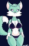 5:8 anthro big_breasts bikini black_nose breasts butt butt_from_the_front canid canine clothing eyebrows eyelashes female fox fur green_body green_fur hair hi_res inner_ear_fluff maedaybelowzero mammal simple_background solo swimwear thick_thighs tiesa_voyager tuft two-piece_swimsuit watermark white_body white_fur