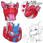 2024 2_horns 5_fingers anthro belly blep blue_eyes cameo claws conjoined_speech_bubble dragon duo eyes_closed female finger_claws fingers forked_tongue frill_(anatomy) head_crest head_frill heart_symbol hi_res horn hug latex latex_body licking licking_viewer membrane_(anatomy) membranous_frill membranous_wings mythological_creature mythological_scalie mythology pink_inner_ear pink_tongue pupils rakisha red_body red_latex scalie slit_pupils smile solo speech_bubble sticker_pack tongue tongue_out white_belly white_claws white_frill white_horn wings