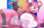 2024 anthro bear big_breasts breasts clothing cuddle_team_leader derp_eyes epic_games featureless_breasts featureless_crotch female fingerless_gloves fortnite fur gloves handwear hi_res huge_hips huge_thighs lying mammal on_side pink_body pink_eyes pink_fur snappygrey solo thick_thighs wide_hips