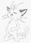 2015 animal_genitalia anthro felid female generation_1_pokemon genitals graphite_(artwork) greyscale looking_at_viewer mammal meowth monochrome nintendo one_eye_closed open_mouth pokemon pokemon_(species) pussy simple_background solo tongue tongue_out traditional_media_(artwork) white_background wink yaroul