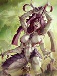 4_arms abs animal_humanoid anthro arthropod arthropod_humanoid big_breasts breasts carnifex_(tyranid) claws exoskeleton female finger_claws fingers green_eyes hair hi_res holding_melee_weapon holding_object holding_sword holding_weapon horn horned_humanoid humanoid humanoidized insect insect_humanoid long_hair long_horn looking_at_viewer melee_weapon multi_arm multi_limb multicolored_body multicolored_exoskeleton navel nude_humanoid open_mouth purple_body purple_exoskeleton purple_hair purple_horn red_spikes solo spikes spikes_(anatomy) sword themaestronoob thick_thighs tongue tongue_out tyranid warhammer_(franchise) warhammer_40000 weapon white_body white_exoskeleton