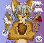 absurd_res angel anthro azee_(links) brown_body brown_fur canid canine canis cyote demon devious_grin english_text farfener female fur grey_hair hair hi_res links luke mammal shiyan smile text the-farfener the_auroran_archive the_auroran_archives the_farfener theauroranarchive yellow_body yellow_fur