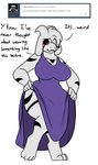 anthro asriel_dreemurr_(god_form) big_breasts biped blush boss_monster_(undertale) bovid breasts caprine clothing crossgender dress english_text female floppy_ears fur garter_belt garter_straps hi_res horn long_ears mammal mtf_crossgender robertge simple_background solo text undertale undertale_(series) white_body white_fur