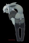 alpha_channel anthro anus balls bottomwear bottomwear_down butt clothed clothing clothing_around_legs fishnet_clothing fur genitals grey_body grey_fur grey_hair hair healer_(love_exalt_8372) hi_res hoodie legwear looking_at_viewer looking_back love_exalt_8372 male neo_goldwing_(artist) partially_clothed raised_tail shorts shorts_down solo tail team_veki thigh_highs topwear