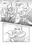 2_tails black_and_white blush bodily_fluids buizel comic dialogue duo english_text eyes_closed fangs feral floatzel french_kissing fur generation_4_pokemon hi_res hug kissing lester_(risenpaw) looking_at_another male male/male monochrome multi_tail ness_(risenpaw) nintendo open_mouth pokemon pokemon_(species) risenpaw shaded sitting speech_bubble suggestive_look swallowing sweat tail teeth text tongue tongue_out water wet wet_body wet_fur