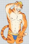 2024 abs anthro armpit_hair biped blonde_hair blue_clothing blue_eyes blue_jockstrap blue_underwear body_hair bulge checkered checkered_background claws clothed clothing clothing_pull digital_drawing_(artwork) digital_media_(artwork) eyebrows facial_hair facial_markings felid fur goatee hair hand_behind_head happy_trail head_markings hi_res jockstrap jockstrap_only jockstrap_pull looking_down male male_anthro mammal markings multicolored_body muscular muscular_anthro muscular_male navel nipples one_eye_closed orange_body orange_fur orange_nipples orange_nose pantherine partially_clothed partially_clothed_male pattern_background pecs portrait pubes red_body red_fur simple_background solo standing striped_body striped_face striped_markings striped_tail stripes super-nova tail tail_markings tan_body tan_eyebrows tan_fur tan_inner_ear teeth teeth_showing three-quarter_portrait tiger toothy_grin topless underwear underwear_only underwear_pull unsafescapewolf vince_(super-nova) white_background white_claws white_sclera