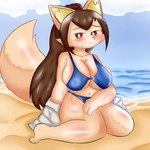 1:1 absurd_res anthro beach big_breasts bikini bikini_bottom breasts brown_hair canid canine canis clothing domestic_dog embarrassed female fur glistening glistening_body hair hi_res inumizaru mammal nameigo sand seaside seductive shy solo swimwear tail taking_off_shirt two-piece_swimsuit undressing yellow_body yellow_fur