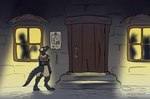 anthro big_tail black_body clothing door feet horn kobold male night outside poster scalie solo stairs stickybait tail tavern window yellow_eyes