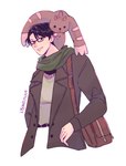 anthro bandai_namco brown_body brown_fur clothing digimon digimon_(species) digimon_survive duo eyewear fur glasses hi_res horn human jacket kbondoxxa lopmon lopmon_(survive) male mammal messenger_bag scarf shuuji_kayama smile topwear