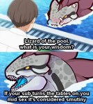 2024 2koma anthro biped blue_tongue blush brown_hair cel_shading clothed clothing comic dialogue digital_drawing_(artwork) digital_media_(artwork) draw_over dungeons_and_dragons duo english_text grey_body grey_scales hair hasbro hi_res human humor light_body light_skin lizardfolk_(dnd) lizardman lluisabadias male mammal mane markings meme open_mouth orange_eyes panzer_of_the_lake partially_submerged pupils purple_mane scales scalie screencap shaded sharp_teeth shirt slit_pupils snout swimming_pool tan_body tan_skin teeth text tongue topwear water white_clothing white_shirt white_topwear wizards_of_the_coast yu'hiss