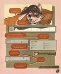 5:6 absurd_res achievement achievement_overlay achievement_unlocked anthro canid canine colored comic cross_fox dialogue director_caraway_(obrien) ears_up english_text fox graph hair hi_res humor male mammal messy_hair obrien_(artist) pillow procyonid raccoon red_fox ristin scritches simple_background slider_(control) smile speech_bubble text true_fox user_interface