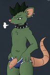 2:3 absurd_res anthro black_hair clothing collar foreskin genitals green_eyes green_hair hair hi_res long_tail male mammal murid murine pawsta pawsta_(character) penis piercing rat rodent sigh solo spiked_collar spikes tail thick_tail underwear