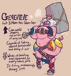 2022 anthro big_breasts blush bodily_fluids breasts clothed clothing domestic_pig embarrassed english_text eyewear female gameplay_mechanics genevieve_susalee glasses hair hammer jinti mammal maul skimpy solo suid suina sus_(pig) sweat text thick_thighs tools