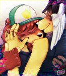 ambiguous/ambiguous ambiguous_gender black_nose blush brown_hair canid canine canis clothing domestic_dog fingerless_gloves food fruit fur gloves hair handwear hat headgear headwear hi_res kissing lemon mammal plant vhs_filter xpuppykittyzx yellow_body yellow_fur