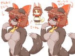 2015 accessory alternate_species anthro benikurage black_body black_bottomwear black_clothing black_ears black_fur black_pants black_tail black_topwear black_tube_top bodily_fluids bottomwear breasts brown_eyes canid canine canis chibi clothing comparison cookie_(touhou) dipstick_tail domestic_dog duo featureless_breasts female fox fur furrification grey_body grey_fur grey_tail_tip hair_accessory hair_ribbon hi_res japanese_text kanna_(cookie) mammal markings multicolored_body multicolored_fur navel necktie pants red_ribbon red_scarf reimu_hakurei ribbons scarf simple_background sweat sweatdrop tail tail_markings text topwear touhou tube_top two_tone_body two_tone_fur usb_port_(nicoseiga46816714) version_comparison white_background white_body white_fur white_tail_tip yellow_body yellow_ears yellow_fur yellow_necktie yellow_tail