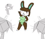 animal_crossing anthro blush breasts brown_body brown_hair buckteeth carmen_(animal_crossing) cleavage clothed clothing female hair hand_behind_head hand_on_hip lagomorph leporid lights long_ears looking_at_viewer mammal nintendo one-piece_swimsuit one_eye_closed rabbit roy_mccloud short_hair smile solo studio swimwear tail teeth third-party_edit wink