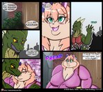 2019 absurd_res accessory anthro bathrobe big_breasts blush bodily_fluids bow_ribbon breasts building city cityscape clothing colored comic domestic_cat door dragon duo english_text eyes_closed felid feline felis female gesture green_body green_scales hair hair_accessory hair_bow hair_ribbon hi_res horn house if_hell_had_a_taste kissing licking male mammal marci_hetson morbidly_obese morbidly_obese_anthro morbidly_obese_female multicolored_body multicolored_scales muscular muscular_anthro muscular_male mythological_creature mythological_scalie mythology obese obese_anthro obese_female open_mouth overweight overweight_anthro overweight_female pink_hair plant red_eyes ribbons robe scales scalie scar shirt shrub skylar_fidchell speech_bubble sweat sweatdrop teal_eyes text tongue tongue_out topwear two_tone_body two_tone_scales url viroveteruscy waving yellow_body yellow_scales yellow_sclera