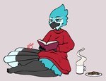 anthro avian bird blue_jay book clothed clothing container cookie corvid cup feathers female food jay_(bird) leg_markings markings new_world_jay oscine passerine saphire_(sporefox) socks_(marking) solo sumisune teal_body teal_feathers