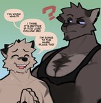 absurd_res anthro biceps blush canid canine canis clothing comic dialogue domestic_dog duo english_text hi_res male mammal muscular muscular_male pecs rygel_spkb shirt speech_bubble tank_top text topwear wolf