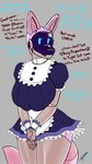 2023 9:16 anthro big_breasts blue_eyes breasts canid canine canis clothing dialogue dixie_(torthegiant) domestic_dog english_text fakeryway female hi_res imminent_sex legwear looking_at_viewer machine maid_uniform mammal master pink_body robot screen screen_face snout solo tail text thick_thighs thigh_highs uniform wide_hips