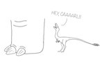 4:3 claws dialogue dinosaur duo english_text feathered_dinosaur feathered_scalie feathers feral looking_up male monochrome prehistoric_species procyon-art reptile sauropod sauropodomorph scales scalie simple_background size_difference standing text theropod white_background