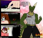 2017 accessory anthro blush bottomwear bow_ribbon breasts brown_hair clothing colored comic domestic_cat dragon dress_shirt duo english_text eyes_closed felid feline felis female green_body green_scales hair hair_accessory hair_bow hair_ribbon hand_behind_head hi_res horn if_hell_had_a_taste male mammal marci_hetson multicolored_body multicolored_scales muscular muscular_anthro muscular_male mythological_creature mythological_scalie mythology obese obese_anthro obese_female open_mouth overweight overweight_anthro overweight_female pants red_eyes ribbons scales scalie scar shirt skylar_fidchell tail text topwear two_tone_body two_tone_scales url viroveteruscy yellow_body yellow_scales yellow_sclera