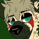 1:1 ambiguous_gender anthro autym autym_inko black_nose eyebrows facial_markings green_eyes hair head_markings headshot_portrait hi_res hyena inner_ear_fluff male mammal markings messy_hair mouth_closed muzzle_(marking) portrait snout snout_markings solo spots tear_(marking) tuft