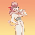 1:1 2023 accessory anthro areola breasts canid canine canis digital_media_(artwork) domestic_dog eyewear female fluffy fluffy_tail genitals glasses hair_accessory hair_ribbon helluva_boss hi_res looking_at_viewer mammal mostly_nude nipples pinup poodle pose pussy red_eyewear red_glasses ribbons small_breasts solo tail vikki_(helluva_boss) yuzu_zuzu