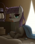 2014 4:5 awake bedding blanket blue_eyes boulder_(mlp) clothed clothing earth_pony equid equine eyeshadow female feral friendship_is_magic hair hasbro horse john_joseco lamp lantern looking_at_viewer lying makeup mammal maud_pie_(mlp) my_little_pony one_eye_closed open_mouth pony purple_hair rock solo text url